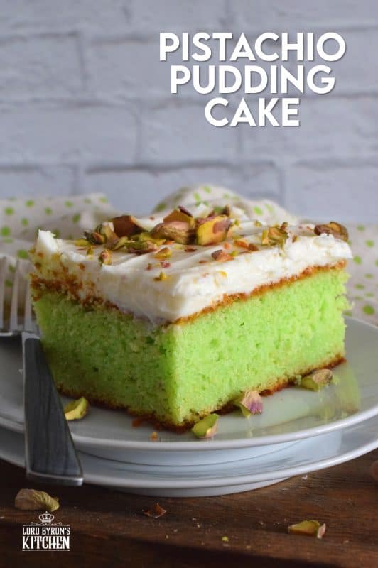 A light and fluffy, yet moist and flavourful Pistachio Pudding Cake topped with cream cheese frosting is perfectly green and festive. This is the ultimate green dessert for St. Patrick's Day! #pistachio #pudding #cake #sheetcake #stpatricksday #greenfood