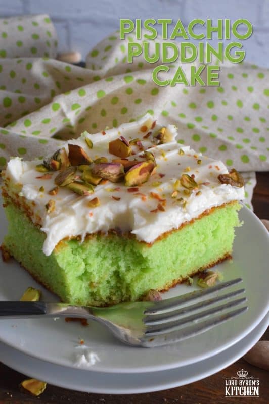 A light and fluffy, yet moist and flavourful Pistachio Pudding Cake topped with cream cheese frosting is perfectly green and festive. This is the ultimate green dessert for St. Patrick's Day! #pistachio #pudding #cake #sheetcake #stpatricksday #greenfood