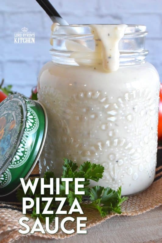 Looking to switch up your homemade pizza? Try switching out the tomato sauce for this White Pizza Sauce! Prepared with lots of garlic, cream, and parmesan, you might want to skip the toppings completely! #pizza #pizzasauce #whitepizza #whitepizzasauce #garlicsauce