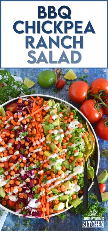 Some salads are light and leave you still hungry, and some salads, like this BBQ Chickpea Ranch Salad, are the complete opposite.  Hearty, filling, delicious, and not even close to being just another boring salad, this one is a meal all on it's own.  Move over side salad; there's no room for you at this table! #bbq #bbqranch #ranch #salad #chickpeas #meatlessmonday #vegetarian #eatyourveggies
