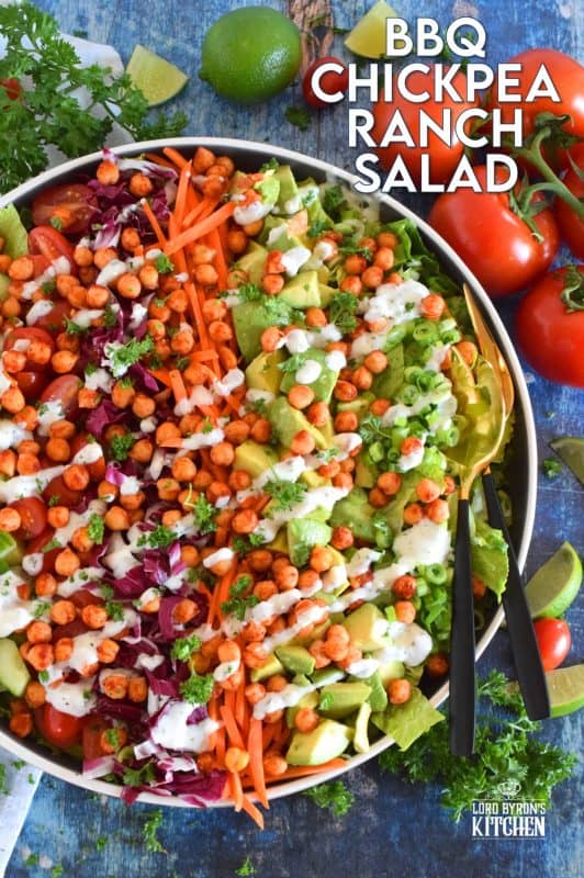 Some salads are light and leave you still hungry, and some salads, like this BBQ Chickpea Ranch Salad, are the complete opposite. Hearty, filling, delicious, and not even close to being just another boring salad, this one is a meal all on it's own. Move over side salad; there's no room for you at this table! #bbq #bbqranch #ranch #salad #chickpeas #meatlessmonday #vegetarian #eatyourveggies