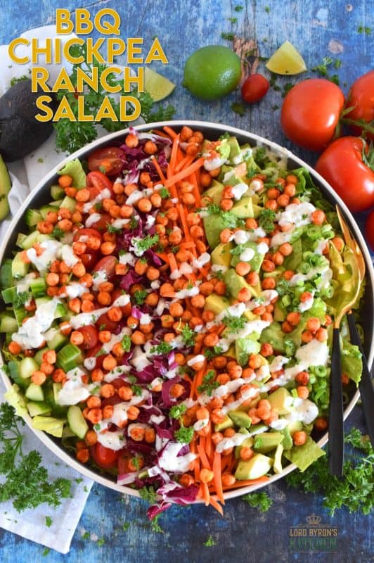 Some salads are light and leave you still hungry, and some salads, like this BBQ Chickpea Ranch Salad, are the complete opposite. Hearty, filling, delicious, and not even close to being just another boring salad, this one is a meal all on it's own. Move over side salad; there's no room for you at this table! #bbq #bbqranch #ranch #salad #chickpeas #meatlessmonday #vegetarian #eatyourveggies
