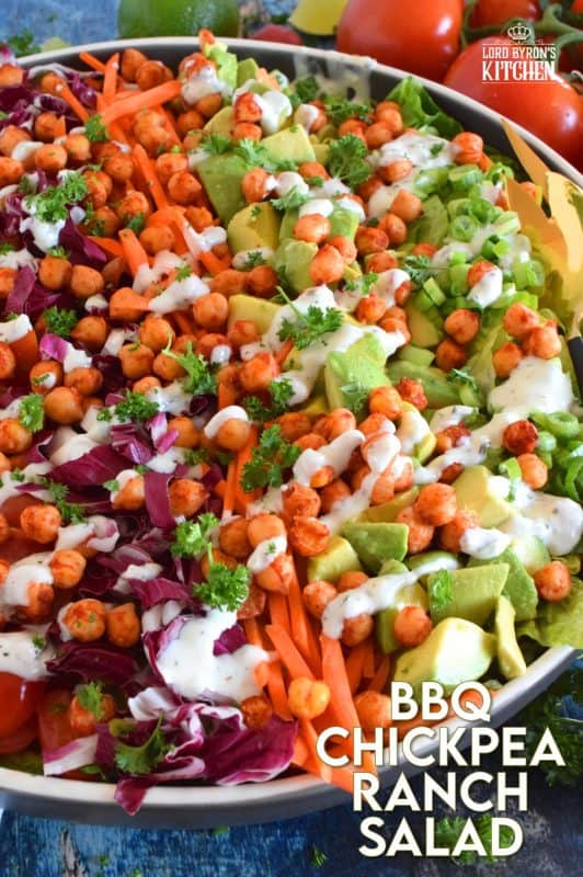 Some salads are light and leave you still hungry, and some salads, like this BBQ Chickpea Ranch Salad, are the complete opposite. Hearty, filling, delicious, and not even close to being just another boring salad, this one is a meal all on it's own. Move over side salad; there's no room for you at this table! #bbq #bbqranch #ranch #salad #chickpeas #meatlessmonday #vegetarian #eatyourveggies