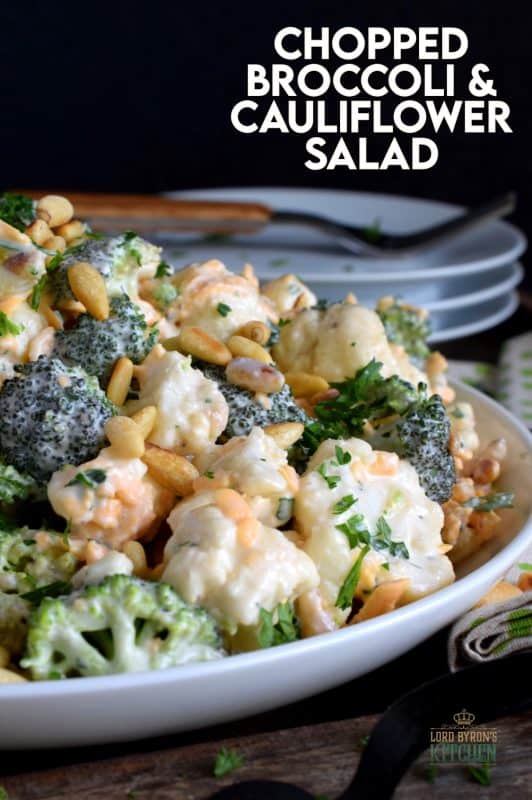 Vegetables never tasted so good! Chopped Broccoli and Cauliflower Salad is creamy, cheesy, and crunchy. Bacon tends to be a dominant flavour, so this version has none. This salad is that good! #broccolisalad #choppedsalad #broccoli #cauliflower #meatlessmonday