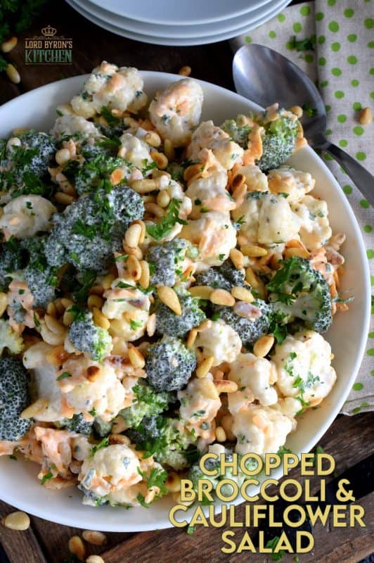 Vegetables never tasted so good! Chopped Broccoli and Cauliflower Salad is creamy, cheesy, and crunchy. Bacon tends to be a dominant flavour, so this version has none. This salad is that good! #broccolisalad #choppedsalad #broccoli #cauliflower #meatlessmonday