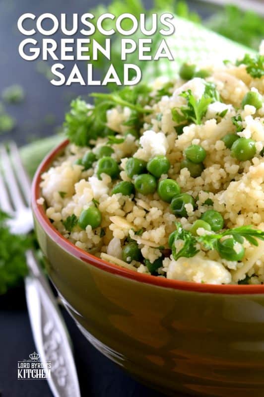 Delightful and flavourful, Couscous Green Pea Salad is prepared with almonds and feta, and gently tossed with a tangy and spicy vinaigrette. Serve this salad cold or at room temperature. It's fresh and delicious; a wholesome meal couldn't possibly get any better than this! #couscous #greenpea #salad #couscousrecipes
