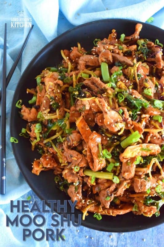 Thinly sliced pork loin chops, stir fried with egg, cabbage, and kale, and tossed in a thick, savoury sauce; Healthy Moo Shu Pork is not only delicious, but is also budget and family friendly! #mooshu #mooshupork #pork #porkchops #asianrecipes #stirfry