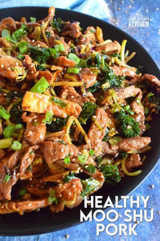 Thinly sliced pork loin chops, stir fried with egg, cabbage, and kale, and tossed in a thick, savoury sauce; Healthy Moo Shu Pork is not only delicious, but is also budget and family friendly! #mooshu #mooshupork #pork #porkchops #asianrecipes #stirfry