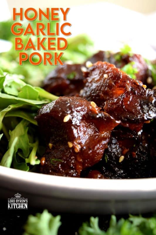 Moist and tender, with charred bits too, these Honey Garlic Baked Pork Bites are delicious and easy to prepare. Despite the long cooking time, this main is perfect for a family dinner anytime. Sweet and garlicky, with an optional kick of spice and heat. Yum! #pork #baked #bites #honey #garlic