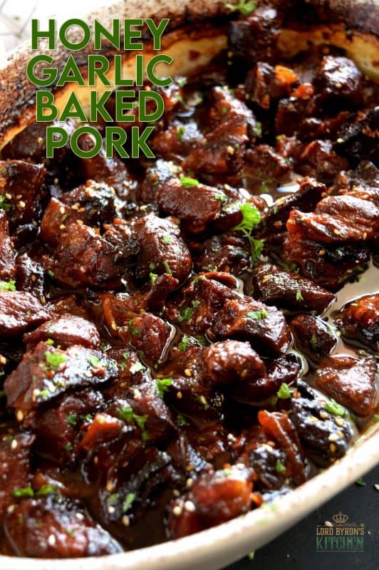 Moist and tender, with charred bits too, these Honey Garlic Baked Pork Bites are delicious and easy to prepare. Despite the long cooking time, this main is perfect for a family dinner anytime. Sweet and garlicky, with an optional kick of spice and heat. Yum! #pork #baked #bites #honey #garlic