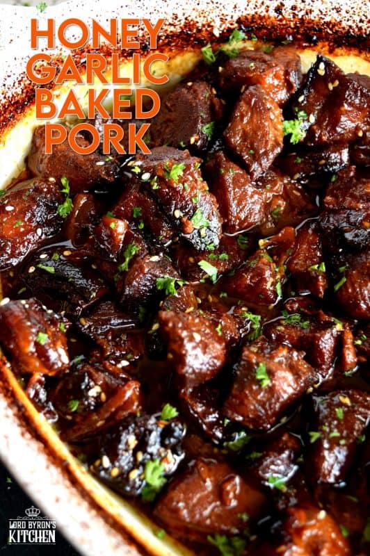 Moist and tender, with charred bits too, these Honey Garlic Baked Pork Bites are delicious and easy to prepare. Despite the long cooking time, this main is perfect for a family dinner anytime. Sweet and garlicky, with an optional kick of spice and heat. Yum! #pork #baked #bites #honey #garlic