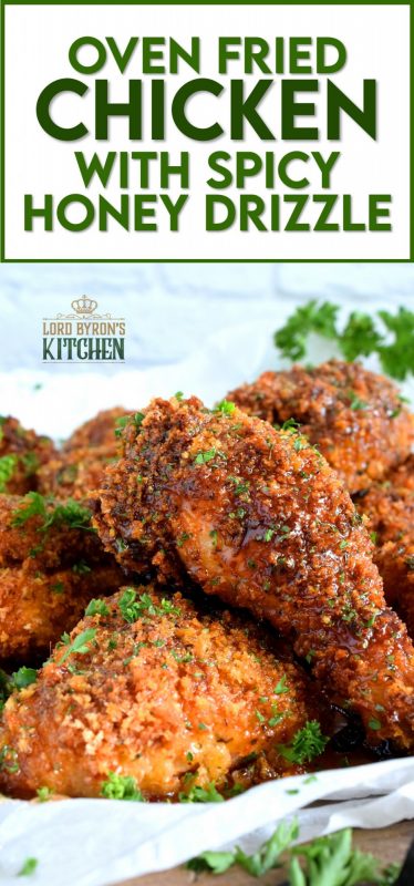 With a great tasting, super crispy, and super crunchy batter, Oven Fried Chicken is baked to perfection, while maintaining a moist and juicy inside. Enjoy it as is with your favourite fried chicken sides, or slather it up with the most delicious spicy honey drizzle. #oven #fried #chicken #honey #spicy #sauce #friedchicken #ovenfried