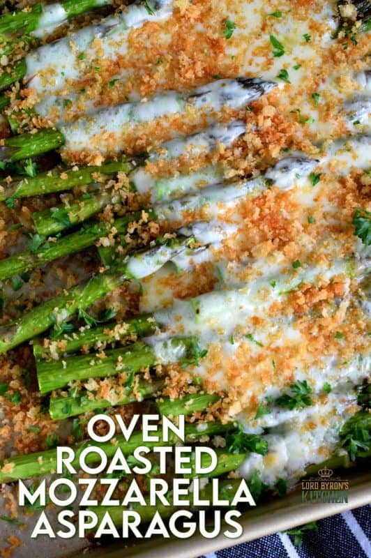 Roasted Mozzarella Asparagus is a cheesy and garlicky side dish with gooey, melted cheese and buttery, crunchy crumb topping. Everyone will want an extra helping of this super easy and delicious side! #roasted #asparagus #crumb #topping #mozzarella #cheese