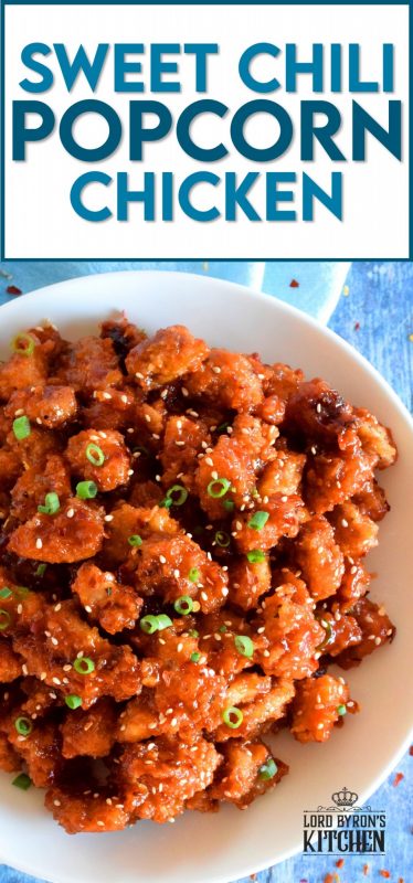 Marinated thigh meat, coated in panko and then baked until crispy, Sweet Chili Popcorn Chicken is then tossed in a homemade sauce which can be as mild or as hot as you prefer.  It's sticky, sweet, spicy, moist, and tender! #popcornchicken #sweetheat #sweetchilithai #thai #bakedchicken #spicy #sticky