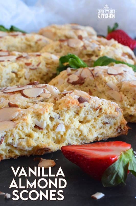 Slightly sweet, with a good splash of vanilla, and crunchy sliced almonds, Vanilla Almond Scones are an absolute delight. Scones quickly become everyone's favourite, so keep this recipe close. You'll make them over and over again. #vanilla #almonds #scones #brunch #basicrecipe #easyscones #baking