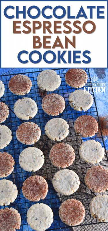 A grown-up twist on the classic childhood favourite, Chocolate Espresso Bean Cookies are loaded with coffee flavour, sugary goodness, and of course, lots of crushed chocolate covered espresso beans! These are delicious just as they are, or dust them lightly with good cocoa powder to make them just a little bit more special! #coffee #coffeeextract #espresso #chocolate #chocolatecovered #espressobeans #cookies
