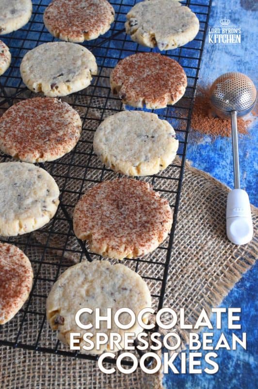 A grown-up twist on the classic childhood favourite, Chocolate Espresso Bean Cookies are loaded with coffee flavour, sugary goodness, and of course, lots of crushed chocolate covered espresso beans! These are delicious just as they are, or dust them lightly with good cocoa powder to make them just a little bit more special! #coffee #coffeeextract #espresso #chocolate #chocolatecovered #espressobeans #cookies