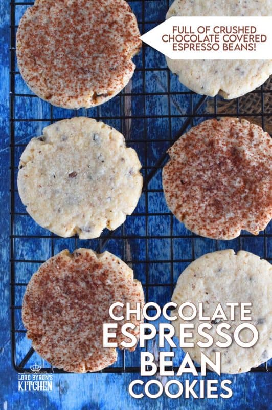A grown-up twist on the classic childhood favourite, Chocolate Espresso Bean Cookies are loaded with coffee flavour, sugary goodness, and of course, lots of crushed chocolate covered espresso beans! These are delicious just as they are, or dust them lightly with good cocoa powder to make them just a little bit more special! #coffee #coffeeextract #espresso #chocolate #chocolatecovered #espressobeans #cookies