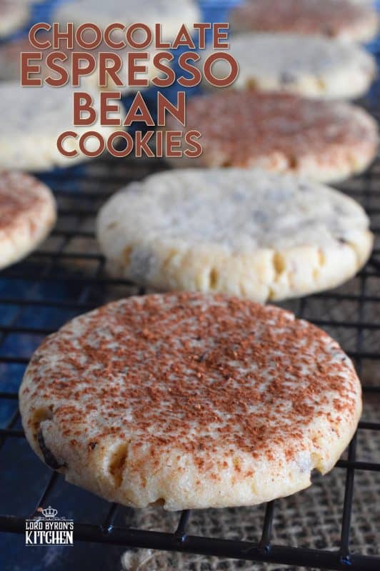 A grown-up twist on the classic childhood favourite, Chocolate Espresso Bean Cookies are loaded with coffee flavour, sugary goodness, and of course, lots of crushed chocolate covered espresso beans! These are delicious just as they are, or dust them lightly with good cocoa powder to make them just a little bit more special! #coffee #coffeeextract #espresso #chocolate #chocolatecovered #espressobeans #cookies