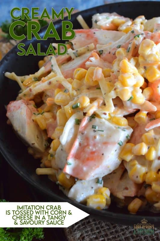 This is an imitation crab salad like no other. Loaded with flavour, and some unexpected ingredients, Creamy Crab Salad tastes like first class on a stand-by budget! It's creamy, it's cheesy, and the chives add such a bold and fresh oniony flavour. This ain't your average crab salad! #crabsalad #imitationcrab #crab #sidesalad #seafood #seafoodsalad