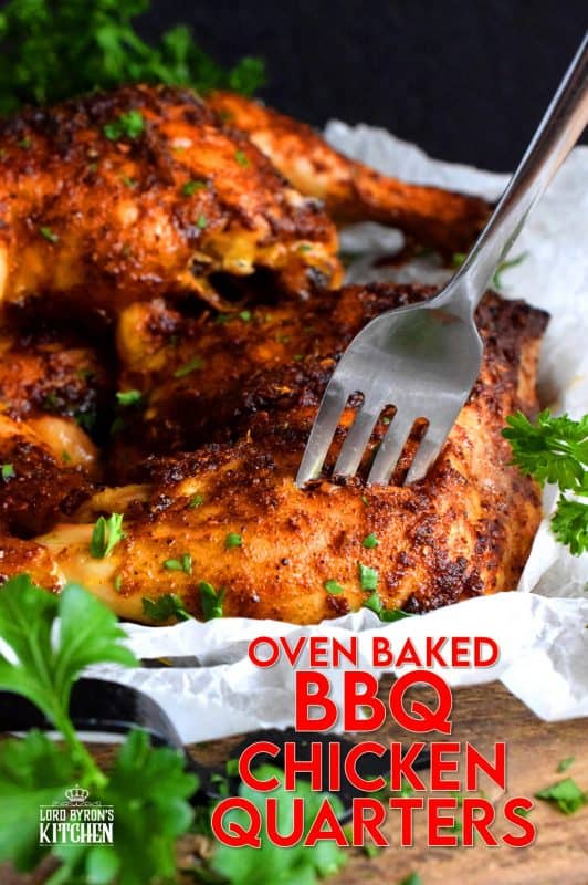 Easy oven-baked whole chicken quarters with a spicy barbecue seasoning is about to become your favourite way to prepare chicken. It's so easy too! All you do is whisk together olive oil and spices, baste chicken and bake until ready to eat! You might want to consider doubling the recipe!! #chicken #quarters #baked #oven #bbq #barbecue #rub #seasoning