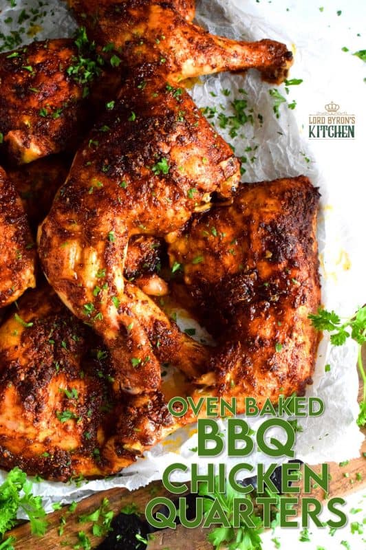 Easy oven-baked whole chicken quarters with a spicy barbecue seasoning is about to become your favourite way to prepare chicken. It's so easy too! All you do is whisk together olive oil and spices, baste chicken and bake until ready to eat! You might want to consider doubling the recipe!! #chicken #quarters #baked #oven #bbq #barbecue #rub #seasoning