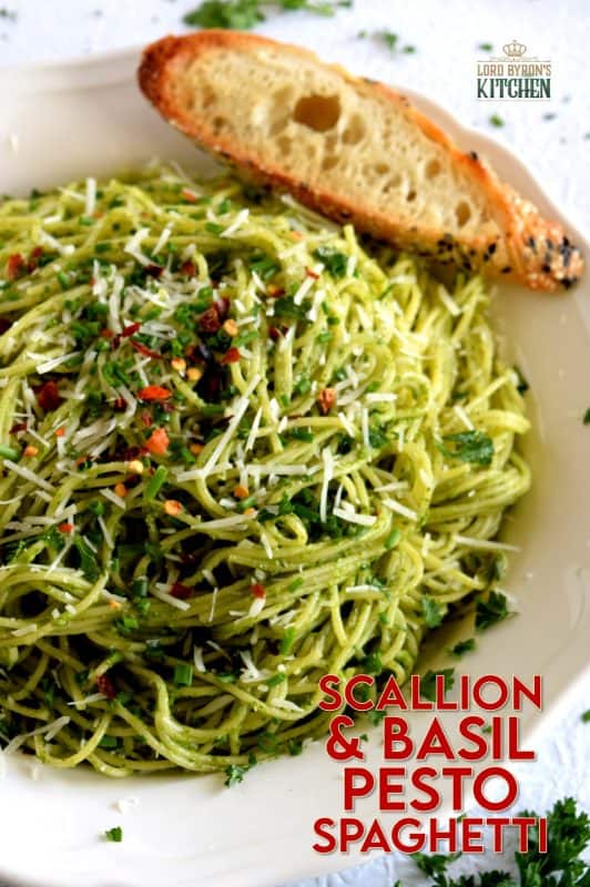 Crisp, summery, onion flavour with fresh basil and lemon undertones - Scallion and Basil Pesto Spaghetti is bound to be your new favourite pasta! Simple ingredients, quick and easy to prepare, this pesto fits into any dietary preference and is bursting with flavour! #pesto #scallion #basil #sauce #pastasauce #pestopasta #greenonions