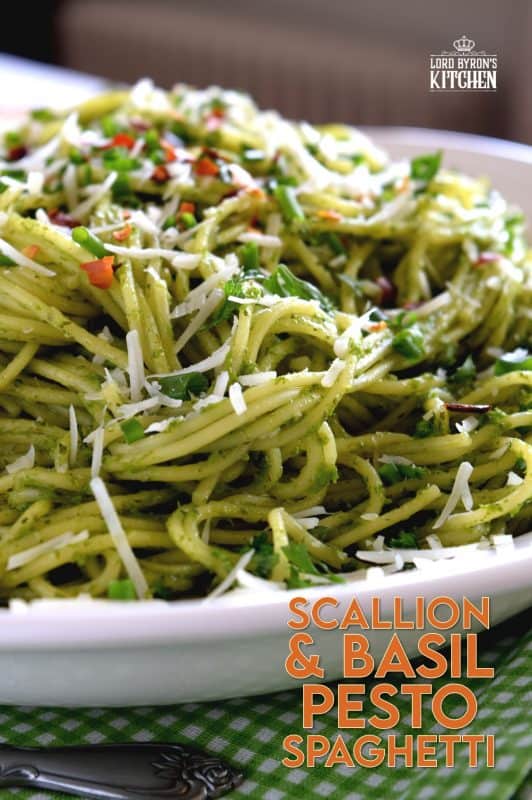 Crisp, summery, onion flavour with fresh basil and lemon undertones - Scallion and Basil Pesto Spaghetti is bound to be your new favourite pasta! Simple ingredients, quick and easy to prepare, this pesto fits into any dietary preference and is bursting with flavour! #pesto #scallion #basil #sauce #pastasauce #pestopasta #greenonions