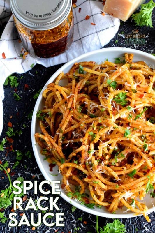 A delicious and delightful all-purpose sauce made with olive oil and the herbs and spices found in everyone's spice rack. A simple sauce with a simple name, Spice Rack Sauce certainly won't break the bank, but it most certainly will rock your taste buds! #sauce #vegetarian #spicerack #spices #herbs