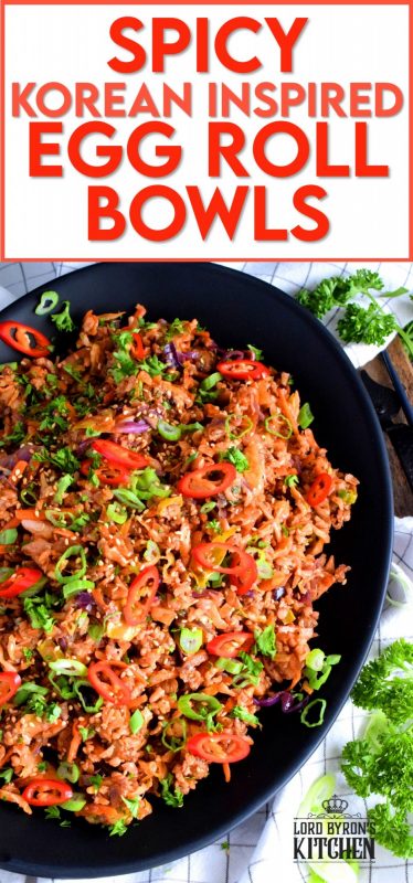 A one-pot meal complete with vegetables, grains, and protein! These Egg Roll Bowls are inspired by easy to find Korean ingredients, and is a great way to use up leftover rice. Substitute the ground pork with textured vegetable protein to make a vegetarian friendly version. #korean #koreanrecipes #gochujang #gochugaru #koreanspice #ricebowls #eggrollbowls