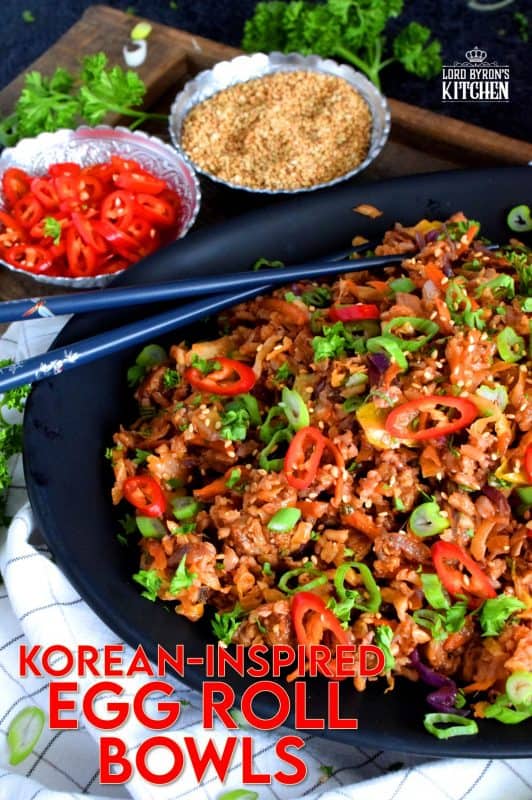 A one-pot meal complete with vegetables, grains, and protein! These Egg Roll Bowls are inspired by easy to find Korean ingredients, and is a great way to use up leftover rice. Substitute the ground pork with textured vegetable protein to make a vegetarian friendly version. #korean #koreanrecipes #gochujang #gochugaru #koreanspice #ricebowls #eggrollbowls