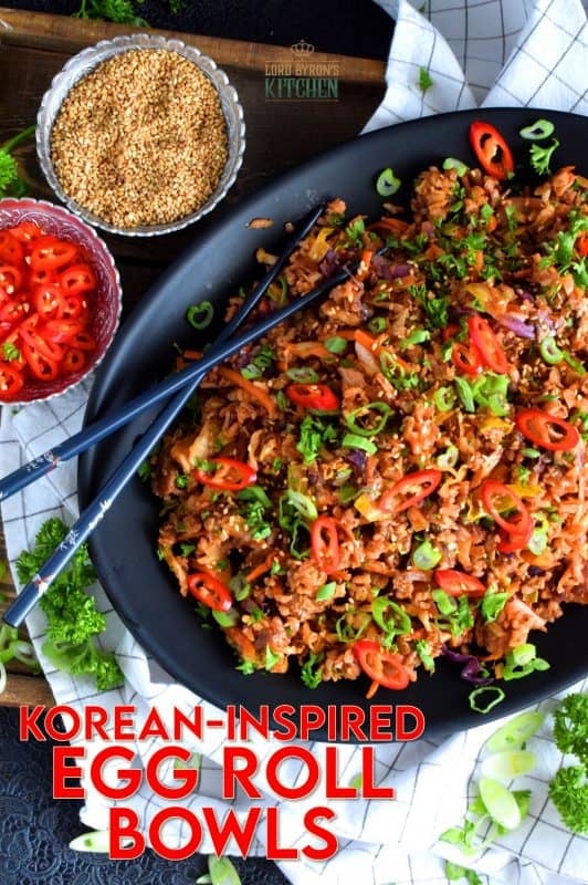 A one-pot meal complete with vegetables, grains, and protein! These Egg Roll Bowls are inspired by easy to find Korean ingredients, and is a great way to use up leftover rice. Substitute the ground pork with textured vegetable protein to make a vegetarian friendly version. #korean #koreanrecipes #gochujang #gochugaru #koreanspice #ricebowls #eggrollbowls