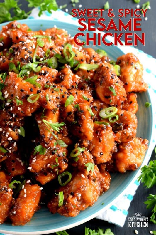 Sweet and Spicy Sesame Chicken is a home-style version of a classic Chinese restaurant take out dish. With a little spice and a little sweet, this dish is sure to please everyone's personal tastes. Who can turn down tender pieces of chicken fried until crispy and tossed in a homemade sauce? #sesamechicken #asianrecipes #sweetandspicy #chinesechicken #friedchicken #chicken