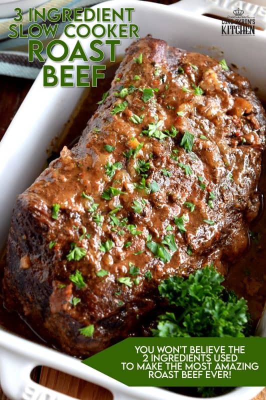 Slow cooker-based meals are meant to be easy and affordable. Three Ingredient Slow Cooker Pot Roast can't be beaten in terms of price and ease. So delicious and tender, and a great way to use cheaper cuts of beef. Would you believe this gorgeous main is prepared with only 3 ingredients? And, one of those is the beef! #slowcooker #potroast #beef #crockpot #pioneerwoman #roseshadow