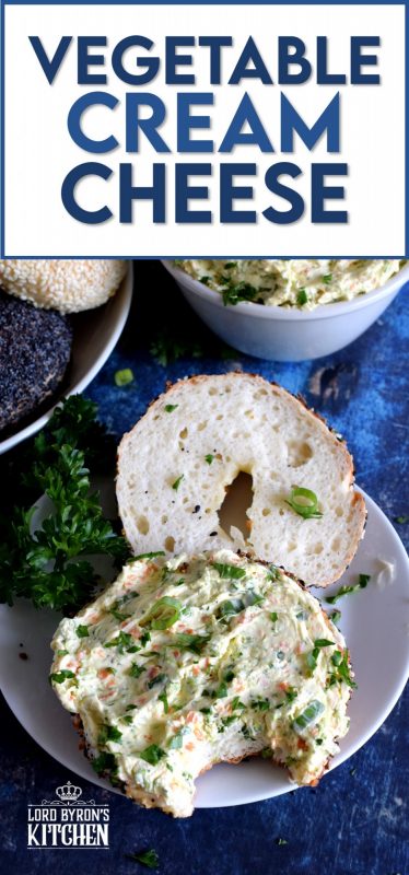 Bagels are a perfect brunch item, but they must be accompanied by copious amounts of cream cheese. A great way to perk up your shmear is with Vegetable Cream Cheese. Bursting with fresh vegetable flavour, this recipe is great on anything. And, it takes only ten minutes to whip up a batch! #creamcheese #schmear #bagels #brunch #vegetablecreamcheese #flavouredcreamcheese