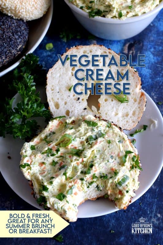 Bagels are a perfect brunch item, but they must be accompanied by copious amounts of cream cheese. A great way to perk up your shmear is with Vegetable Cream Cheese. Bursting with fresh vegetable flavour, this recipe is great on anything. And, it takes only ten minutes to whip up a batch! #creamcheese #schmear #bagels #brunch #vegetablecreamcheese #flavouredcreamcheese
