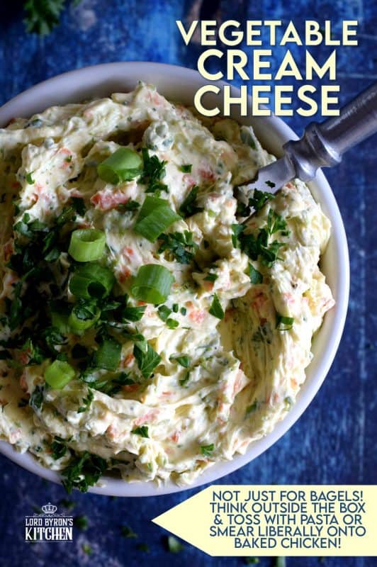 Bagels are a perfect brunch item, but they must be accompanied by copious amounts of cream cheese. A great way to perk up your shmear is with Vegetable Cream Cheese. Bursting with fresh vegetable flavour, this recipe is great on anything. And, it takes only ten minutes to whip up a batch! #creamcheese #schmear #bagels #brunch #vegetablecreamcheese #flavouredcreamcheese