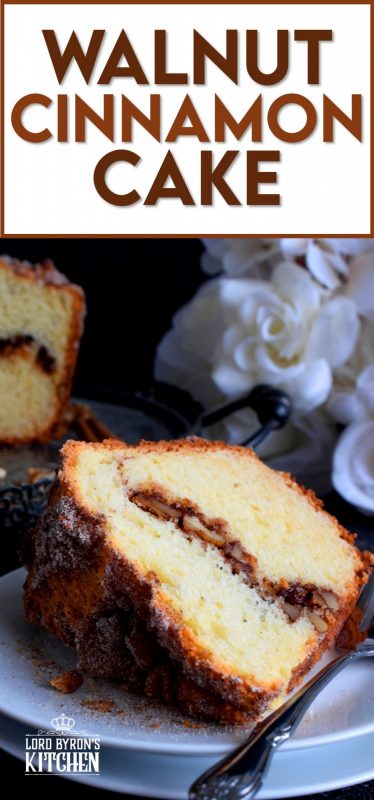 A delicious and moist cake with a walnut and cinnamon center and topping. No frosting or fancy cake decorating skills needed! Serve with vanilla ice cream for a great dessert, or enjoy a slice just as it is with a hot coffee as an afternoon treat. #walnuts #bundtcake #cinnamon #cinnamonwalnut 
