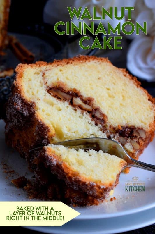 A delicious and moist cake with a walnut and cinnamon center and topping. No frosting or fancy cake decorating skills needed! Serve with vanilla ice cream for a great dessert, or enjoy a slice just as it is with a hot coffee as an afternoon treat. #walnuts #bundtcake #cinnamon #cinnamonwalnut