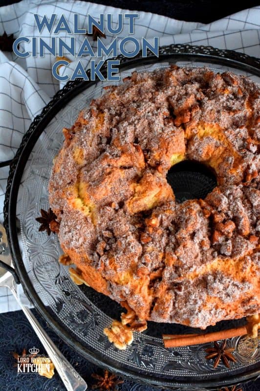 A delicious and moist cake with a walnut and cinnamon center and topping. No frosting or fancy cake decorating skills needed! Serve with vanilla ice cream for a great dessert, or enjoy a slice just as it is with a hot coffee as an afternoon treat. #walnuts #bundtcake #cinnamon #cinnamonwalnut