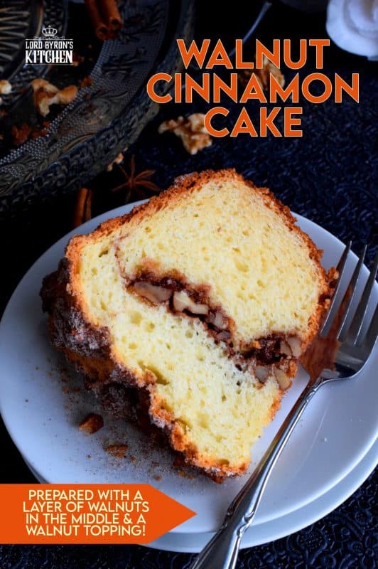 A delicious and moist cake with a walnut and cinnamon center and topping. No frosting or fancy cake decorating skills needed! Serve with vanilla ice cream for a great dessert, or enjoy a slice just as it is with a hot coffee as an afternoon treat. #walnuts #bundtcake #cinnamon #cinnamonwalnut