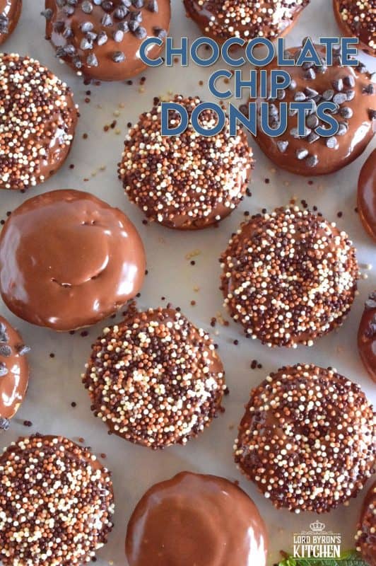 When it comes to donuts, chocolate is always a great choice. Chocolate Chip Donuts are prepared with a vanilla batter, loaded with chocolate chips, topped with a chocolate glaze, and chocolate sprinkles. Why? Because nobody can every have too much chocolate! #donuts #chocolatechip #chocolate #bakednotfried #homemadedonuts