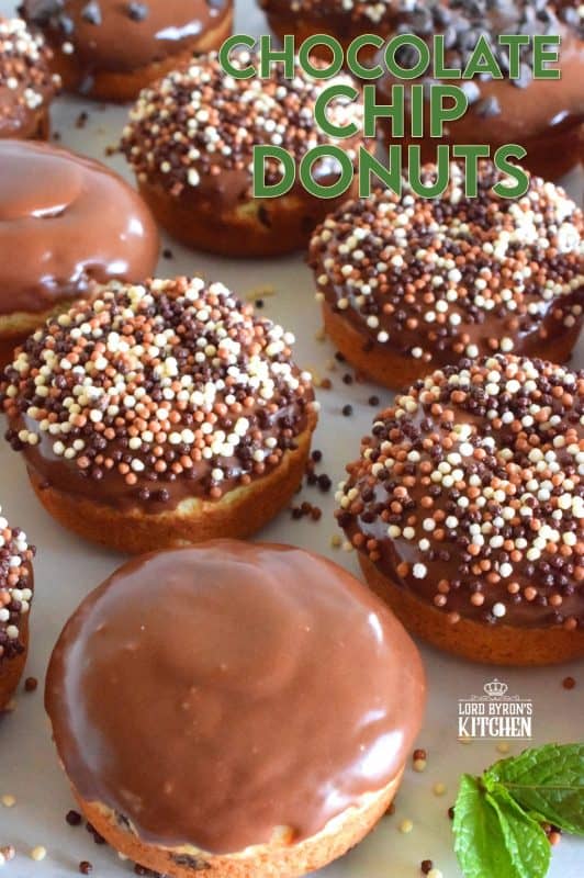 When it comes to donuts, chocolate is always a great choice. Chocolate Chip Donuts are prepared with a vanilla batter, loaded with chocolate chips, topped with a chocolate glaze, and chocolate sprinkles. Why? Because nobody can every have too much chocolate! #donuts #chocolatechip #chocolate #bakednotfried #homemadedonuts