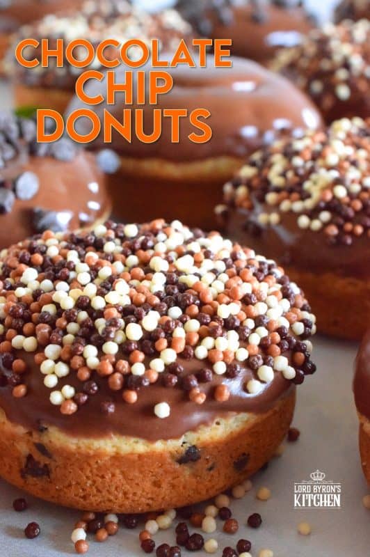 When it comes to donuts, chocolate is always a great choice. Chocolate Chip Donuts are prepared with a vanilla batter, loaded with chocolate chips, topped with a chocolate glaze, and chocolate sprinkles. Why? Because nobody can every have too much chocolate! #donuts #chocolatechip #chocolate #bakednotfried #homemadedonuts