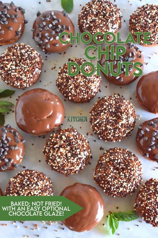 When it comes to donuts, chocolate is always a great choice. Chocolate Chip Donuts are prepared with a vanilla batter, loaded with chocolate chips, topped with a chocolate glaze, and chocolate sprinkles. Why? Because nobody can every have too much chocolate! #donuts #chocolatechip #chocolate #bakednotfried #homemadedonuts