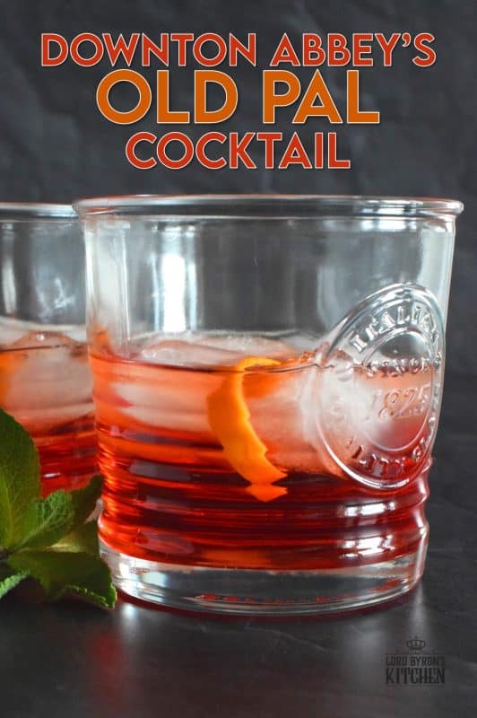 A chilled cocktail consisting of whiskey, dry vermouth, and campari. Don't forget the orange garnish. It makes a world of difference! #oldpal #cocktails #downtonabbey #canadianwhiskey #vermouth #campari