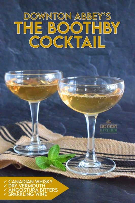 Another Downton Abbey inspired cocktail is on the menu today. This time, it's a chilled cocktail consisting of whiskey, dry vermouth, bitters, and sparking wine. Serve this beauty in a coupe glass for a full 1920s vibe. #cocktail #boothby #downtonabbey #coupe #sparklingwine #theresalwaystimeforacocktail