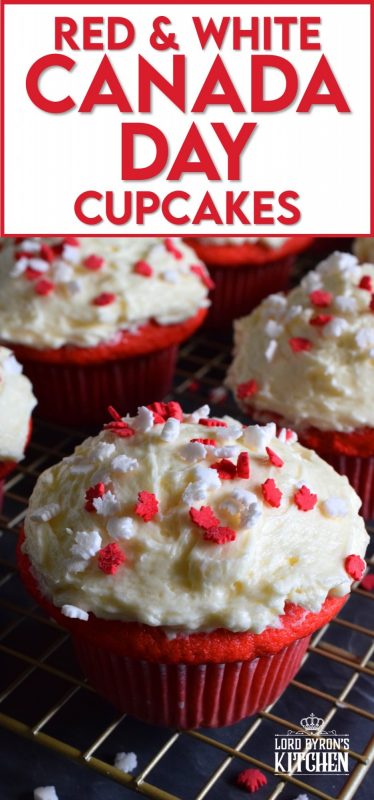These cupcakes are red and white for Canada Day! Prepared with a vanilla base and a delicious homemade ermine frosting, these are going to be a hit! #canadaday #canada #redandwhite #red #white #cupcakes #dessert #sprinkles