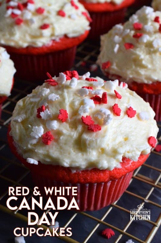 These cupcakes are red and white for Canada Day! Prepared with a vanilla base and a delicious homemade ermine frosting, these are going to be a hit! #canadaday #canada #redandwhite #red #white #cupcakes #dessert #sprinkles