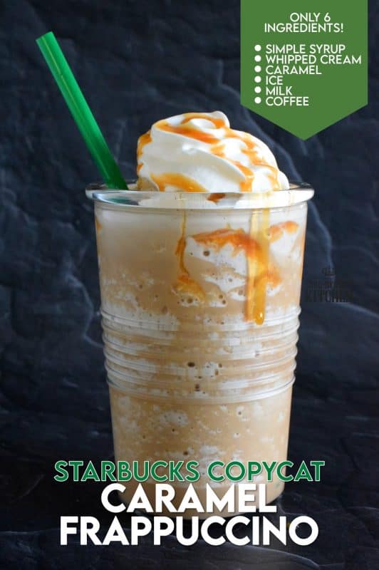 In less than 5 minutes, this at-home copycat version of Starbuck’s popular Caramel Frappuccino could be all yours. Think about it – no line up, no drive thru, and no putting on pants to go out! That’s all the reason I need! #starbucks #copycat #caramel #frap #frappuccino